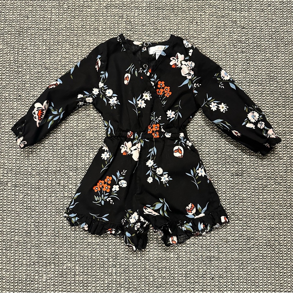 Black Floral Girls' Long Sleeve Romper